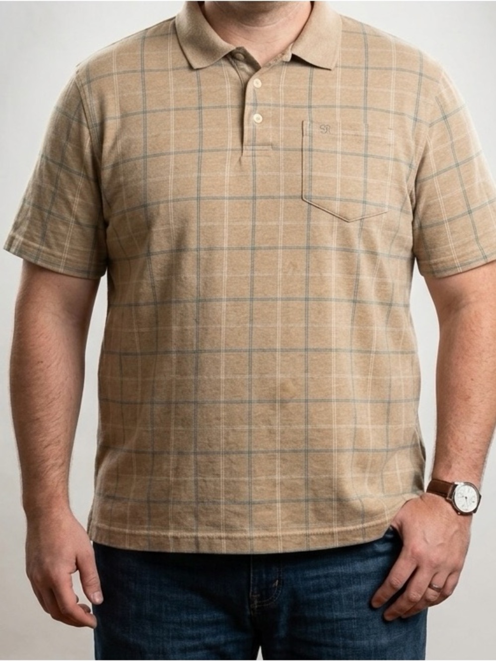 George Mens Short Sleeve Windowpane Print Tan Collard Polo Shirt Size L 42-44